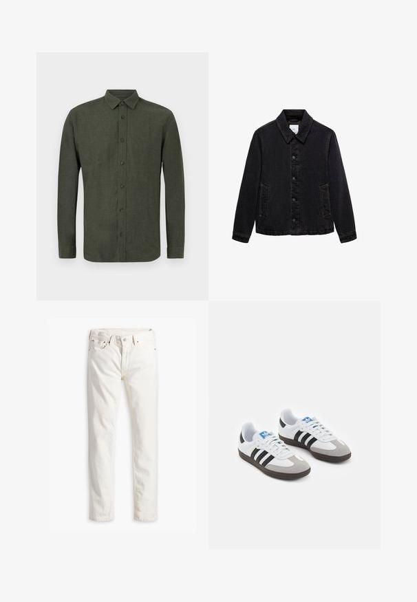 Zwarte denimjack met een puntige kraag, sluiting met knopen aan de voorkant en twee zijzakken. Kenmerkt zich door contrasterende stiksels en een relaxte pasvorm.; Donkergroene lange mouwen knopsluiting shirt met kraag, plat weergegeven tegen een witte achtergrond.; Drie mouwloze T-shirts in grijs, wit en zwart. Zacht katoenmateriaal met een ronde hals en een relaxte pasvorm. Eenvoudig ontwerp, geen patronen.; Witte denim spijkerbroek met een rechte pasvorm, vijf zakken, koperen knoop en klinknagels, en een subtiele textuur in de stof. Geen zichtbare patronen.; Sportschoenen met een witte leren bovenkant, grijze suède neus en drie zwarte strepen. Bevat een blauw logo op de tong en een gestructureerde rubberen zool.