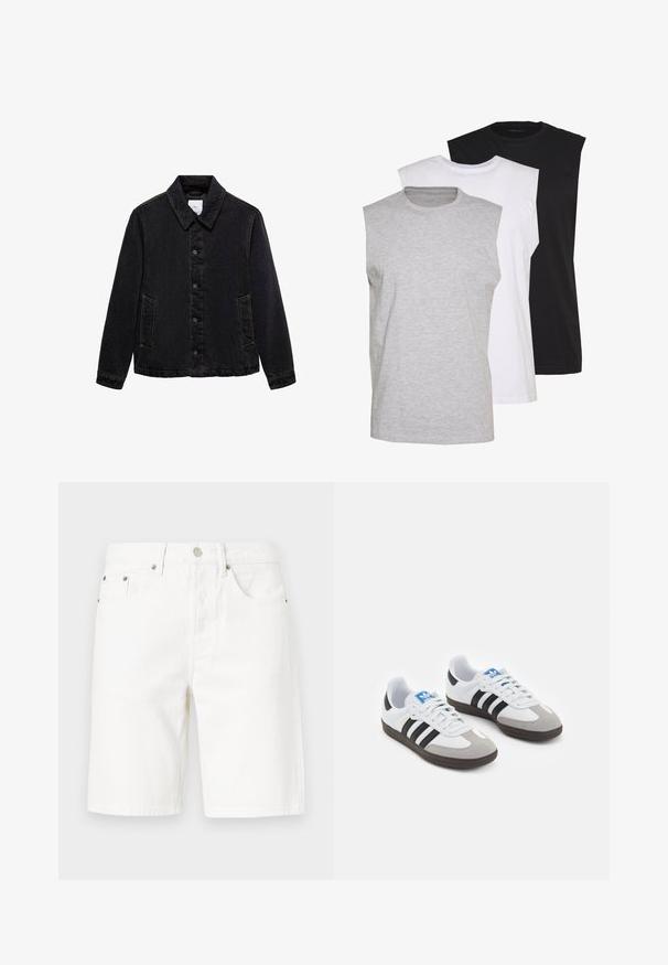 Mustat farkkutakki, jossa on terävä kaulus, etupainikkeet ja kaksi sivutaskua. Ominaisuuksiin kuuluu kontrastiväriset ompeleet ja rento malli.; Kolme ilmanhihaista t-paitaa harmaana, valkoisena ja mustana. Pehmeä puuvillakangas, pyöreä pääntie ja rento malli. Yksinkertainen muotoilu, ei kuvioita.; Valkoiset farkkushortsit suoran leikkauksen kanssa, joissa on etunäppä closure, viisi taskua ja hienovaraisia ompeluyksityiskohtia.; Urheilukengät, joissa on valkoinen nahkainen päällinen, harmaa mokkanokka ja kolme mustaa raitaa. Ominaisuuksina sininen logo kielekkeessä ja kuvioitu kumipohja.