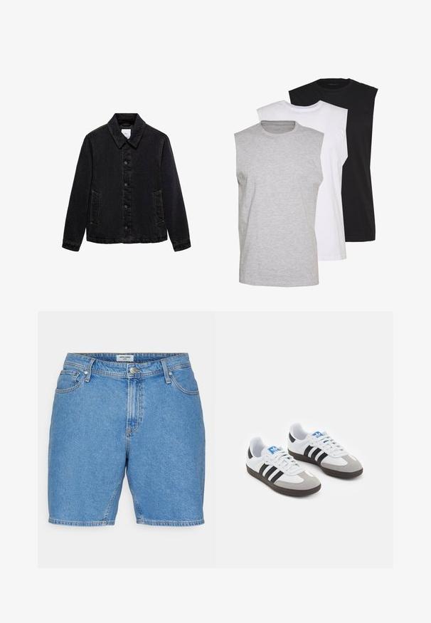 Černá džínsová bunda s špičatým límcem, předním zapínáním na knoflíky a dvěma bočními kapsami. Vybavená kontrastním šitím a uvolněným střihem.; Tři bezrukávové trička v šedé, bílé a černé barvě. Měkký bavlněný materiál s kulatým výstřihem a uvolněným střihem. Jednoduchý design, žádné vzory.; Jack & Jones JJITONY JJORIGINAL - Džínové kraťasy - blue denim; Sportovní boty s bílým koženým svrškem, šedou semišovou špičkou a třemi černými pruhy. Obsahují modré logo na jazyku a texturovanou gumovou podrážku.
