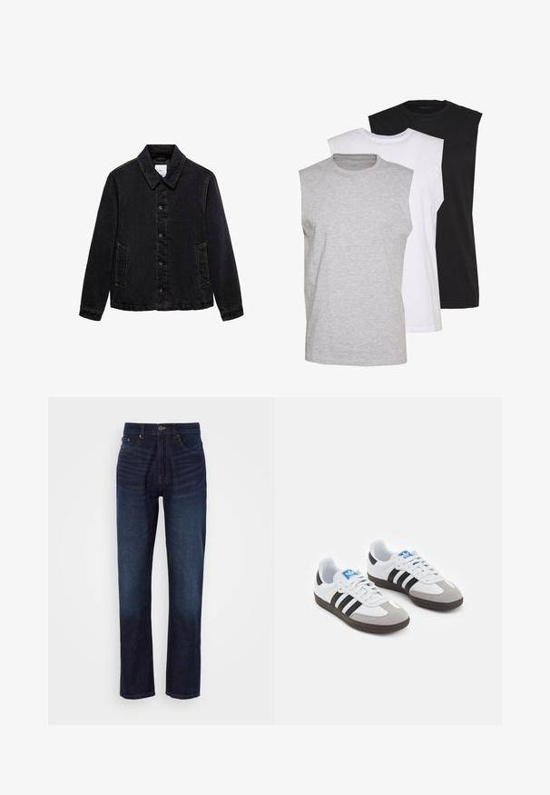 Črna jeans jakna s koničastim ovratnikom, sprednjim zapenjanjem na gumb in dvema stranskima žepoma. Ima kontrastne šive in sproščen kroj.; Tri brezrokavne majice v sivi, beli in črni barvi. Mehka bombažna tkanina s krojnim ovratnikom in sproščenim fit. Enostavna zasnova, brez vzorcev.; Temno modri jeans z ravnim krojem, ki imajo zadrgo, pet žepov in posvetljene dele na sprednji strani za kontrast.; Športni čevlji z belim usnjenim zgornjim delom, sivim semišem na prstih in tremi črnimi črtami. Imajo modro logo na jeziku in teksturiran gumijast podplat.