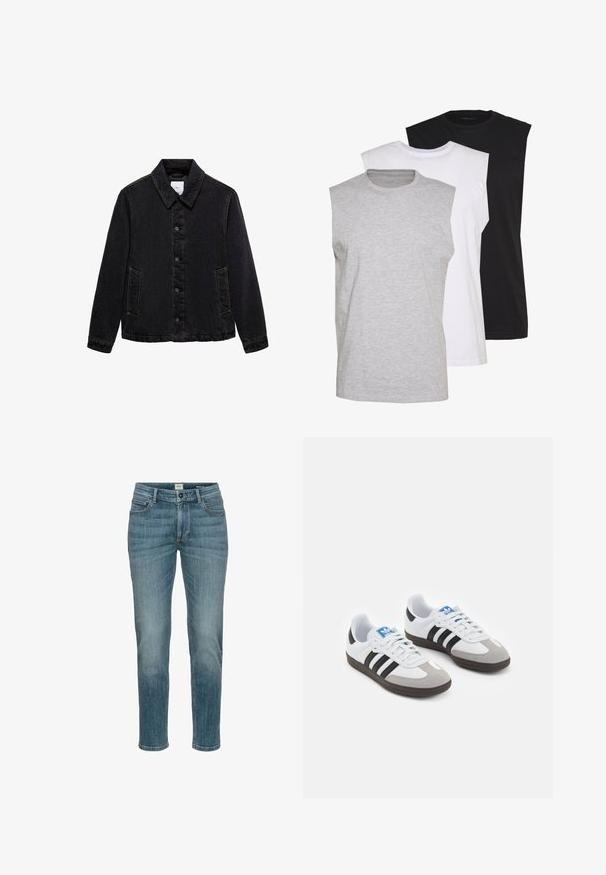 Zwarte denimjack met een puntige kraag, sluiting met knopen aan de voorkant en twee zijzakken. Kenmerkt zich door contrasterende stiksels en een relaxte pasvorm.; Drie mouwloze T-shirts in grijs, wit en zwart. Zacht katoenmateriaal met een ronde hals en een relaxte pasvorm. Eenvoudig ontwerp, geen patronen.; Lichtblauwe denim jeans met een regular fit. Heeft vijf zakken, riemlussen en subtiele stikdetails. Glad textuur, rechte pijpdesign.; Sportschoenen met een witte leren bovenkant, grijze suède neus en drie zwarte strepen. Bevat een blauw logo op de tong en een gestructureerde rubberen zool.