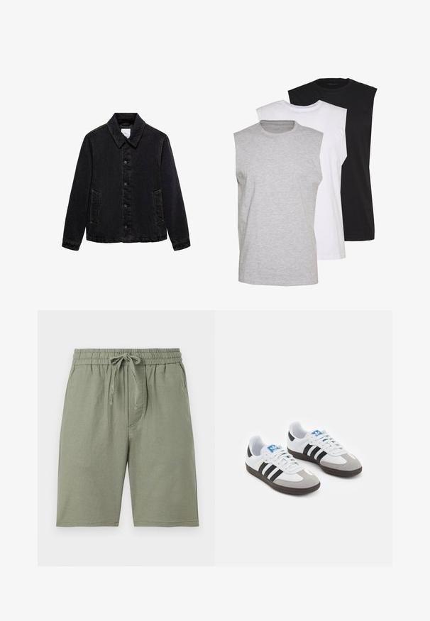 Črna jeans jakna s koničastim ovratnikom, sprednjim zapenjanjem na gumb in dvema stranskima žepoma. Ima kontrastne šive in sproščen kroj.; Tri brezrokavne majice v sivi, beli in črni barvi. Mehka bombažna tkanina s krojnim ovratnikom in sproščenim fit. Enostavna zasnova, brez vzorcev.; Svetlo zelene bombažne kratke hlače z elastičnim pasom in nastavljivim vrvico. Imajo stranske žepe in so do kolen.; Športni čevlji z belim usnjenim zgornjim delom, sivim semišem na prstih in tremi črnimi črtami. Imajo modro logo na jeziku in teksturiran gumijast podplat.