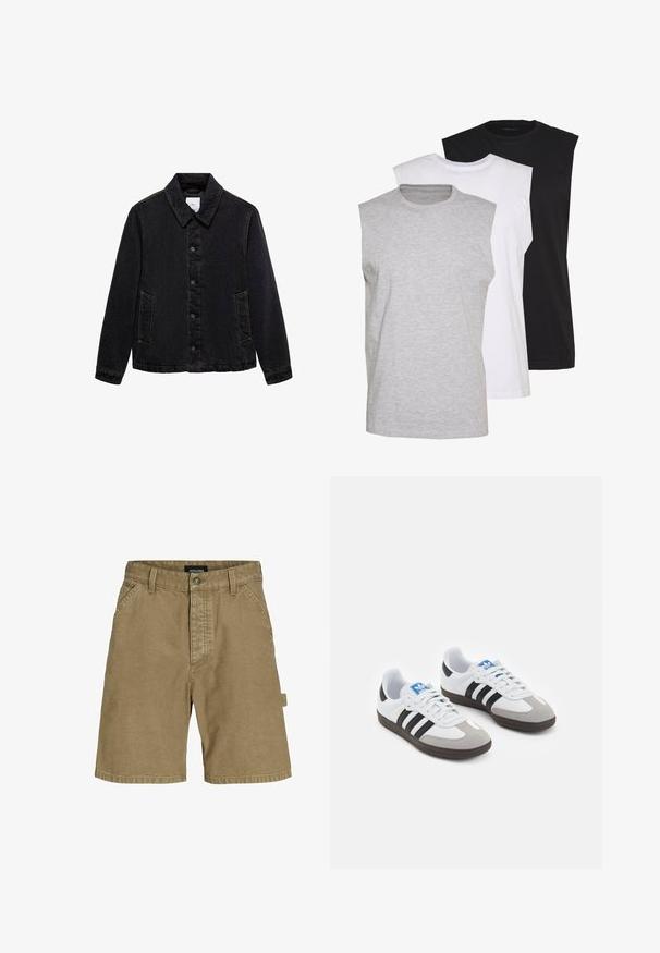 Giacca di jeans nera con collo a punta, chiusura anteriore con bottoni e due tasche laterali. Presenta cuciture a contrasto e una vestibilità rilassata.; Tre magliette senza maniche in grigio, bianco e nero. Materiale in cotone morbido con scollatura a girocollo e vestibilità rilassata. Design semplice, senza motivi.; Pantaloni corti beige in cotone con taglio dritto, dotati di tasche laterali, chiusura con bottone frontale e etichetta del logo sulla parte posteriore.; Scarpe sportive con tomaia in pelle bianca, punta in suede grigia e tre strisce nere. Presentano un logo blu sulla linguetta e una suola in gomma testurizzata.