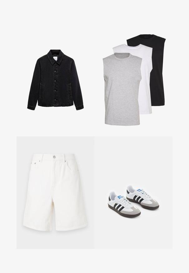 Črna jeans jakna s koničastim ovratnikom, sprednjim zapenjanjem na gumb in dvema stranskima žepoma. Ima kontrastne šive in sproščen kroj.; Tri brezrokavne majice v sivi, beli in črni barvi. Mehka bombažna tkanina s krojnim ovratnikom in sproščenim fit. Enostavna zasnova, brez vzorcev.; Beli traper kratke hlače z ravnim krojem, petimi žepi in srebrnim gumbom za zapiranje. Imajo trpežno teksturo in obrobljene roba.; Športni čevlji z belim usnjenim zgornjim delom, sivim semišem na prstih in tremi črnimi črtami. Imajo modro logo na jeziku in teksturiran gumijast podplat.