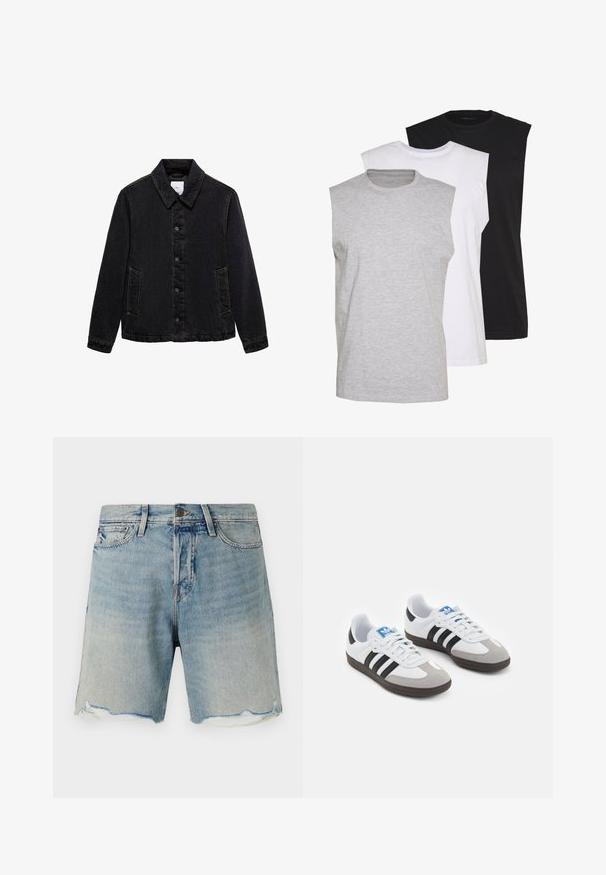 Čierna džínsová bunda s špicatým golierom, predným zapínaním na gombíky a dvomi bočnými vreckami. Má kontrastné prešívanie a voľný strih.; Tričko bez rukávov v šedé, bílé a černé barvě. Měkký bavlněný materiál s kulatým výstřihem a volným střihem. Jednoduchý design, bez vzorů.; Džínové šortky svetlo modrej farby s vyblednutým vzhľadom. Obsahujú rozstrapkaný spodný okraj a štandardný dizajn s piatimi vreckami. Zapínanie na kovový gombík v páse.; Športové topánky s bielym koženým zvrškom, šedou semišovou špičkou a tromi čiernymi pruhmi. Obsahujú modré logo na jazyku a štruktúrovanú gumovú podrážku.
