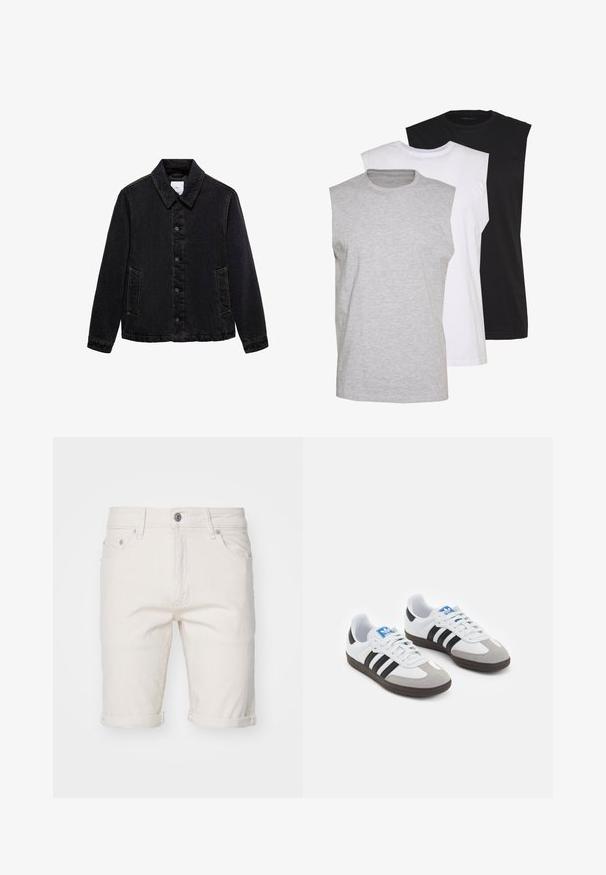 Černá džínsová bunda s špičatým límcem, předním zapínáním na knoflíky a dvěma bočními kapsami. Vybavená kontrastním šitím a uvolněným střihem.; Tři bezrukávové trička v šedé, bílé a černé barvě. Měkký bavlněný materiál s kulatým výstřihem a uvolněným střihem. Jednoduchý design, žádné vzory.; Bílé bavlněné denimové šortky s ohrnutými lemy, obsahující pět kapes, zapínání na knoflík a jemnou strukturu.; Sportovní boty s bílým koženým svrškem, šedou semišovou špičkou a třemi černými pruhy. Obsahují modré logo na jazyku a texturovanou gumovou podrážku.