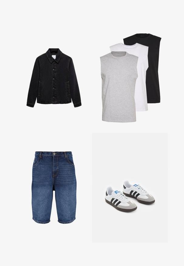 Čierna džínsová bunda s špicatým golierom, predným zapínaním na gombíky a dvomi bočnými vreckami. Má kontrastné prešívanie a voľný strih.; Tričko bez rukávov v šedé, bílé a černé barvě. Měkký bavlněný materiál s kulatým výstřihem a volným střihem. Jednoduchý design, bez vzorů.; Tmavomodré denimové šortky s vyblednutým povrchom. Obsahujú päť vreciek, predné zapínanie na gombík a prešité detaily pozdĺž švov.; Športové topánky s bielym koženým zvrškom, šedou semišovou špičkou a tromi čiernymi pruhmi. Obsahujú modré logo na jazyku a štruktúrovanú gumovú podrážku.
