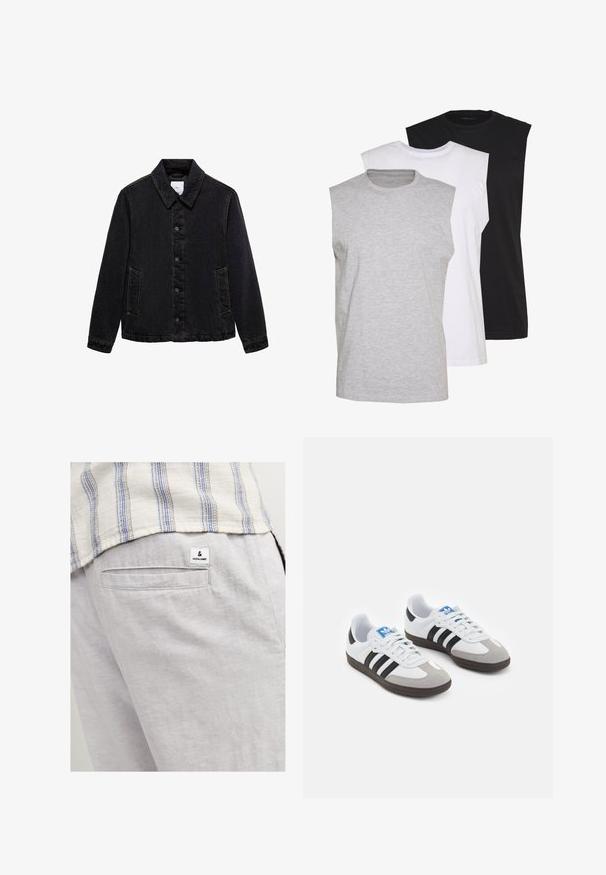 Giacca di jeans nera con collo a punta, chiusura anteriore con bottoni e due tasche laterali. Presenta cuciture a contrasto e una vestibilità rilassata.; Tre magliette senza maniche in grigio, bianco e nero. Materiale in cotone morbido con scollatura a girocollo e vestibilità rilassata. Design semplice, senza motivi.; Pantaloni di lino grigio chiaro con una tasca posteriore e un piccolo etichetta di marca. Il tessuto ha un aspetto morbido e texture.; Scarpe sportive con tomaia in pelle bianca, punta in suede grigia e tre strisce nere. Presentano un logo blu sulla linguetta e una suola in gomma testurizzata.