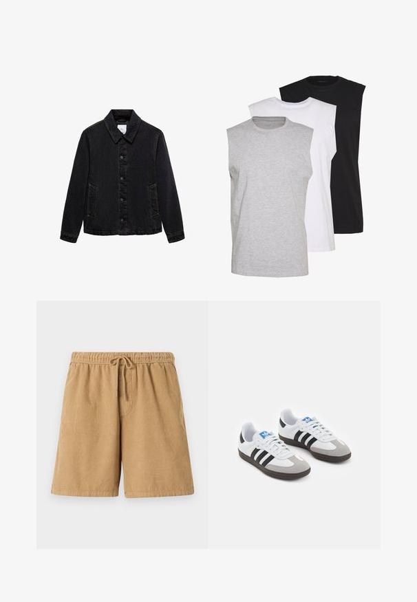 Black denim jacket with a pointed collar, front button closure, and two side pockets. Features contrasting stitching and a relaxed fit.; Three sleeveless t-shirts in gray, white, and black. Soft cotton material with a crew neck and relaxed fit. Simple design, no patterns.; Brown corduroy shorts with an elastic waistband and drawstring. Features vertical ridges and side pockets. Short length and casual design.; Sport shoes with a white leather upper, gray suede toe, and three black stripes. Features a blue logo on the tongue and a textured rubber sole.