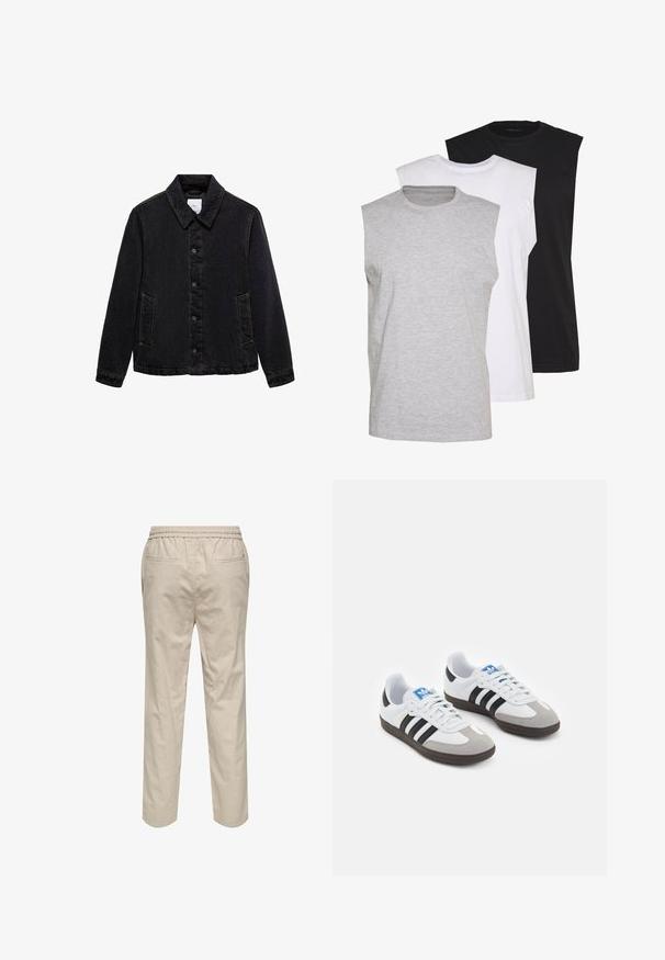 Schwarze Jeansjacke mit spitzem Kragen, Knopfverschluss vorne und zwei seitlichen Taschen. Sie verfügt über kontrastierende Nähte und eine lockere Passform.; Drei ärmellose T-Shirts in Grau, Weiß und Schwarz. Weiches Baumwollmaterial mit Rundhalsausschnitt und lockerer Passform. Einfaches Design, keine Muster.; Helle beigefarbene Baumwollhosen mit einem elastischen Bund, zwei Seitentaschen und geradem Bein. Glatte Textur mit minimaler Detailgestaltung.; Sportschuhe mit einem Obermaterial aus weißem Leder, grauer Wildleder-Zehenkappe und drei schwarzen Streifen. Sie verfügen über ein blaues Logo auf der Zunge und eine strukturierte Gummisohle.