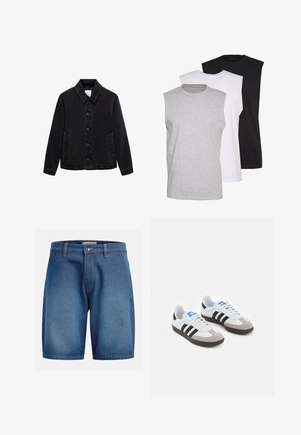 Mustat farkkutakki, jossa on terävä kaulus, etupainikkeet ja kaksi sivutaskua. Ominaisuuksiin kuuluu kontrastiväriset ompeleet ja rento malli.; Kolme ilmanhihaista t-paitaa harmaana, valkoisena ja mustana. Pehmeä puuvillakangas, pyöreä pääntie ja rento malli. Yksinkertainen muotoilu, ei kuvioita.; Farkkushortsit, joissa on tumma sininen pesu, klassinen viisi-taskuinen muotoilu, vetoketjukiinnitys nappisulkimella ja erottuvat tikkausompeleet.; Urheilukengät, joissa on valkoinen nahkainen päällinen, harmaa mokkanokka ja kolme mustaa raitaa. Ominaisuuksina sininen logo kielekkeessä ja kuvioitu kumipohja.