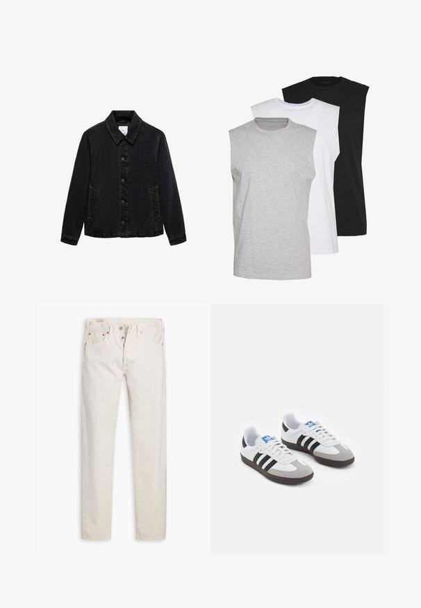 Mustat farkkutakki, jossa on terävä kaulus, etupainikkeet ja kaksi sivutaskua. Ominaisuuksiin kuuluu kontrastiväriset ompeleet ja rento malli.; Kolme ilmanhihaista t-paitaa harmaana, valkoisena ja mustana. Pehmeä puuvillakangas, pyöreä pääntie ja rento malli. Yksinkertainen muotoilu, ei kuvioita.; Valkoiset korkea vyötärö slim-fit farkut nappisuljennalla, viidellä taskulla ja kuparin värisillä niiteillä, aseteltuna litteäksi valkoiselle taustalle.; Urheilukengät, joissa on valkoinen nahkainen päällinen, harmaa mokkanokka ja kolme mustaa raitaa. Ominaisuuksina sininen logo kielekkeessä ja kuvioitu kumipohja.