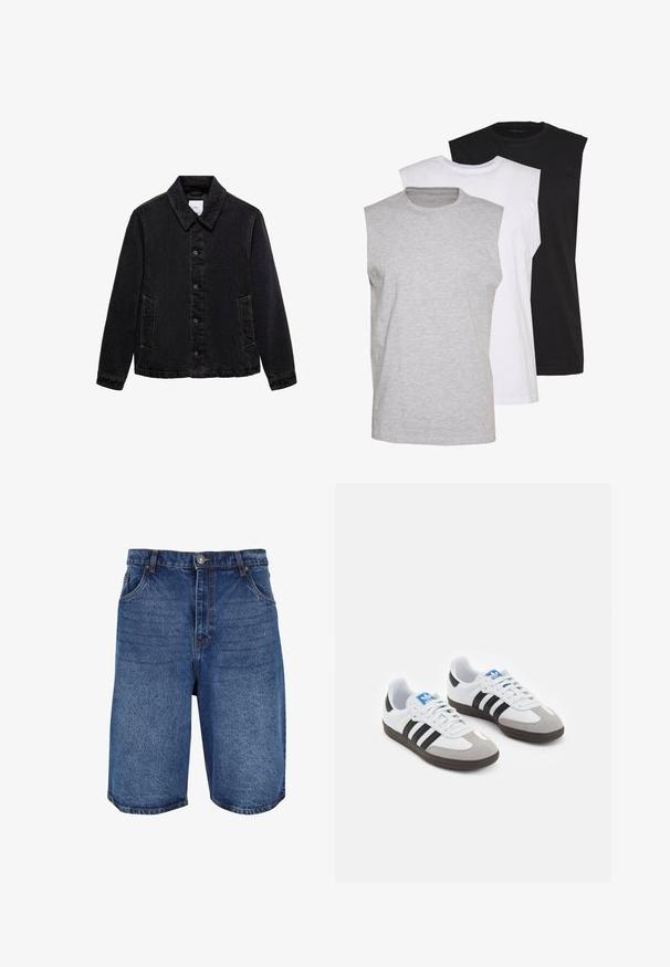 Čierna džínsová bunda s špicatým golierom, predným zapínaním na gombíky a dvomi bočnými vreckami. Má kontrastné prešívanie a voľný strih.; Tričko bez rukávov v šedé, bílé a černé barvě. Měkký bavlněný materiál s kulatým výstřihem a volným střihem. Jednoduchý design, bez vzorů.; Džínové šortky v stredne modrej farbe s klasickým dizajnom, piatimi vreckami a zipsom s gombíkovým zapínaním. Hrubšia textúra a rovný strih.; Športové topánky s bielym koženým zvrškom, šedou semišovou špičkou a tromi čiernymi pruhmi. Obsahujú modré logo na jazyku a štruktúrovanú gumovú podrážku.