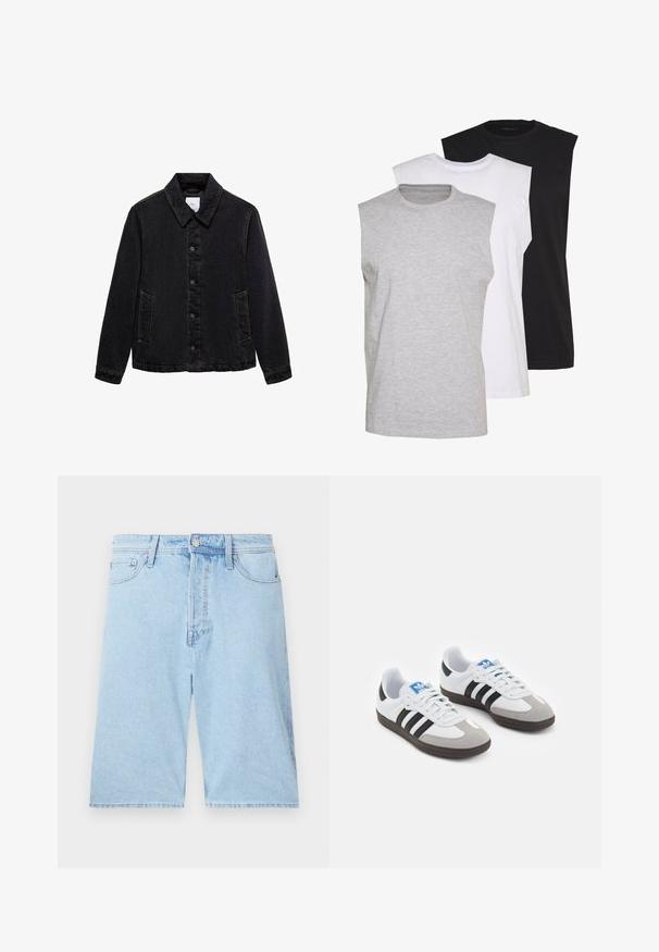 Mustat farkkutakki, jossa on terävä kaulus, etupainikkeet ja kaksi sivutaskua. Ominaisuuksiin kuuluu kontrastiväriset ompeleet ja rento malli.; Kolme ilmanhihaista t-paitaa harmaana, valkoisena ja mustana. Pehmeä puuvillakangas, pyöreä pääntie ja rento malli. Yksinkertainen muotoilu, ei kuvioita.; Vaaleansiniset farkkushortsit suora leikkaus, viisi taskua ja edessä nappikiinnitys. Pehmeä kangas, jossa on minimaalista haalistumista.; Urheilukengät, joissa on valkoinen nahkainen päällinen, harmaa mokkanokka ja kolme mustaa raitaa. Ominaisuuksina sininen logo kielekkeessä ja kuvioitu kumipohja.