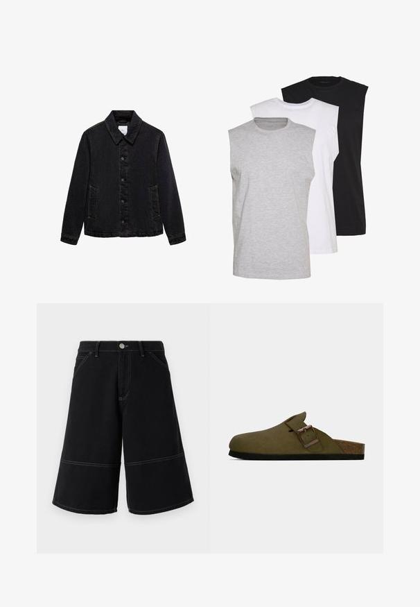 Mustat farkkutakki, jossa on terävä kaulus, etupainikkeet ja kaksi sivutaskua. Ominaisuuksiin kuuluu kontrastiväriset ompeleet ja rento malli.; Kolme ilmanhihaista t-paitaa harmaana, valkoisena ja mustana. Pehmeä puuvillakangas, pyöreä pääntie ja rento malli. Yksinkertainen muotoilu, ei kuvioita.; Mustat farkkushortsit, joissa on leveä lahjesuunnittelu, kontrastiväriset keltaiset tikkaukset ja etutaskut. Kankaan pinta on sileä ja kestävä.; Olivi vihreä liukusovitin, jossa on leveä säädettävä hihna ja pronssinen solki, korkkipohja ja musta kumipohja.