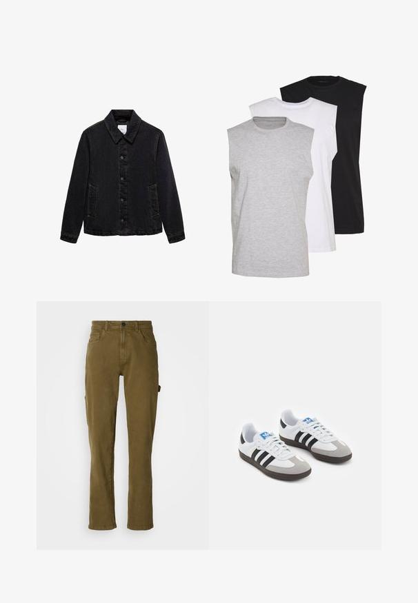 Mustat farkkutakki, jossa on terävä kaulus, etupainikkeet ja kaksi sivutaskua. Ominaisuuksiin kuuluu kontrastiväriset ompeleet ja rento malli.; Kolme ilmanhihaista t-paitaa harmaana, valkoisena ja mustana. Pehmeä puuvillakangas, pyöreä pääntie ja rento malli. Yksinkertainen muotoilu, ei kuvioita.; Oliivivihreät puuvillapantsit suoran leikkauksen kanssa, joissa on nappikiinnitys edessä ja sivutaskut. Tasainen pinta ja siisti muotoilu.; Urheilukengät, joissa on valkoinen nahkainen päällinen, harmaa mokkanokka ja kolme mustaa raitaa. Ominaisuuksina sininen logo kielekkeessä ja kuvioitu kumipohja.