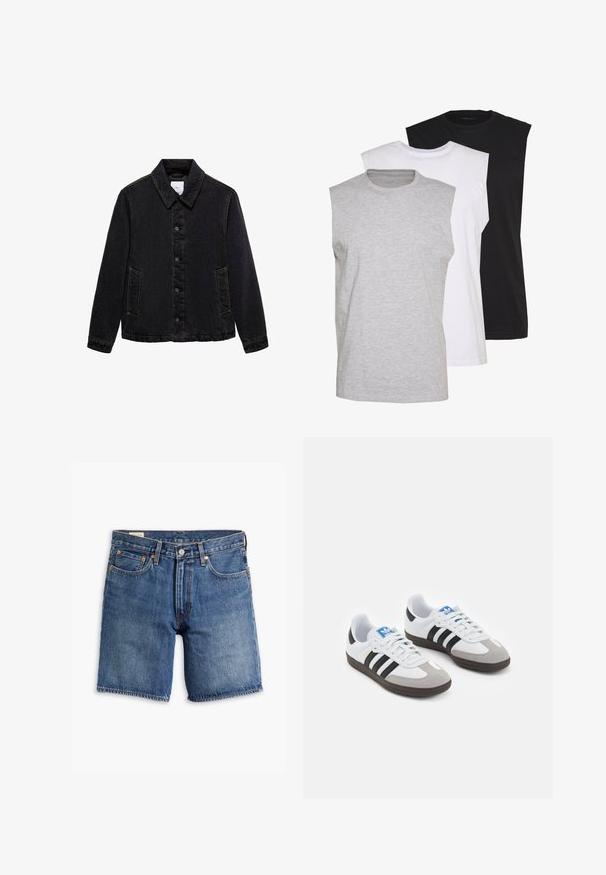 Crna traper jakna s šiljastim ovratnikom, prednjim kopčanjem na dugmad i dva bočna džepa. Sadrži kontrastne šavove i ležeran kroj.; Trii bezrukavnih majica u sivoj, bijeloj i crnoj boji. Mekani pamučni materijal s okruglim izrezom i opuštenim krojem. Jednostavan dizajn, bez uzoraka.; Traper šorts u srednjem plavom pranju s klasičnim dizajnom. Ima pet džepova, petlje za remen i hardver u brončanoj boji. Oštećena tekstura po cijeloj površini.; Sportske cipele s gornjištem od bijele kože, sivi suedinasti nos i tri crne pruge. Imaju plavi logo na jeziku i teksturiranu gumenu podlogu.