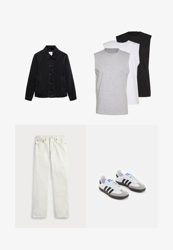 Czarna kurtka dżinsowa z wywiniętym kołnierzem, zapięciem na guziki z przodu i dwoma bocznymi kieszeniami. Posiada kontrastowe przeszycia oraz luźny krój.; Trzy bezrękawniki w kolorach szarym, białym i czarnym. Wykonane z miękkiej bawełny, z okrągłym dekoltem i luźnym krojem. Prosty design, bez wzorów.; Białe dżinsy z prostym krojem, posiadające pięć kieszeni, metalowe guziki i akcenty w postaci przeszyć wzdłuż szwów. Gładka tekstura.; Buty sportowe z białą skórzaną cholewką, szarym zamszowym noskiem i trzema czarnymi paskami. Posiadają niebieskie logo na języku oraz teksturowaną gumową podeszwę.