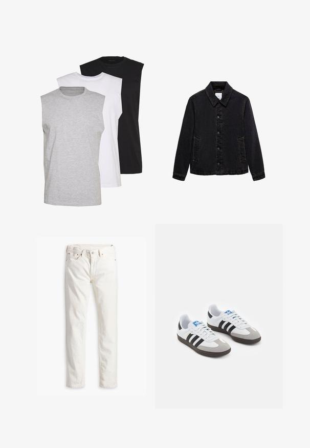 Zwarte denimjack met een puntige kraag, sluiting met knopen aan de voorkant en twee zijzakken. Kenmerkt zich door contrasterende stiksels en een relaxte pasvorm.; Drie mouwloze T-shirts in grijs, wit en zwart. Zacht katoenmateriaal met een ronde hals en een relaxte pasvorm. Eenvoudig ontwerp, geen patronen.; Witte denim spijkerbroek met een rechte pasvorm, vijf zakken, koperen knoop en klinknagels, en een subtiele textuur in de stof. Geen zichtbare patronen.; Sportschoenen met een witte leren bovenkant, grijze suède neus en drie zwarte strepen. Bevat een blauw logo op de tong en een gestructureerde rubberen zool.