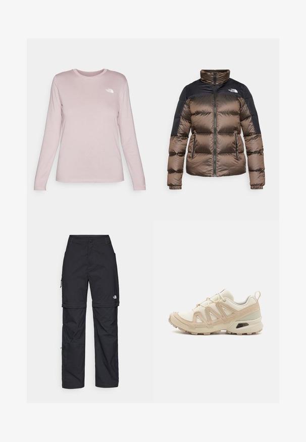 Barna és fekete puffermellény magas gallérral, cipzáras záródással és oldalsó zsebekkel. Az anyag sima textúrával rendelkezik, és steppelt mintázatú.; Hosszú ujjú, puha rózsaszín anyagú póló, kerek nyakkivágással, bal oldalon fehér logóval és testhezálló ujjal.; Fekete nylon zipzáras cargo nadrág állítható mandzsettával, több zsebbel és logóval a jobb lábon. Simább, könnyű textúra.; Beige és krém színű sportcipő, texturált hálós felsőrésszel, támogató burkolattal és gumitalppal, amely tapadás érdekében bordázott mintázattal rendelkezik.