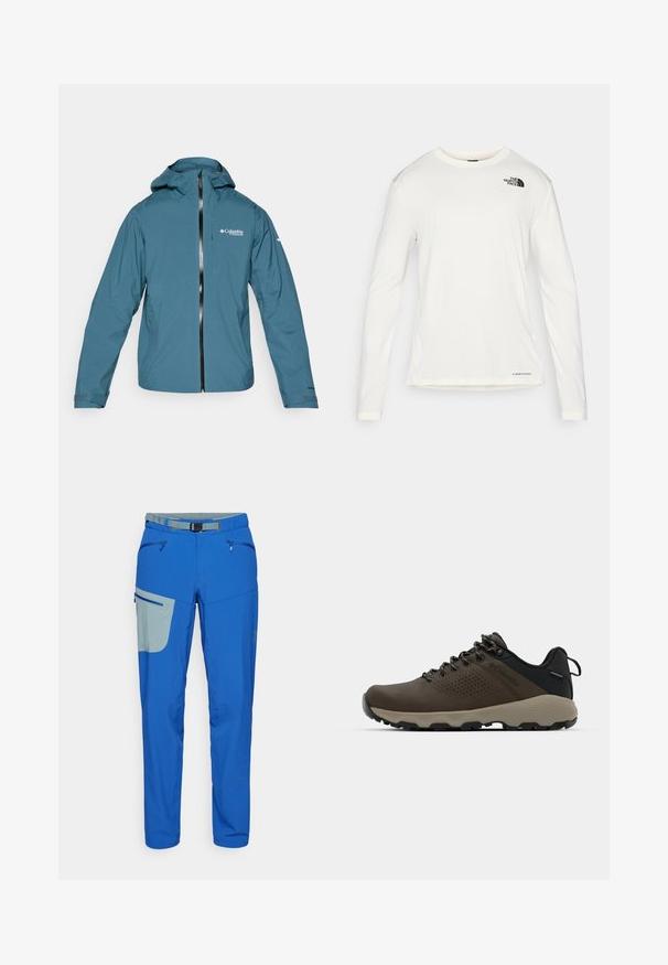 Lengvas, vandeniui atsparus mėlynas džemperis su kapišonu, priekiniais užtrauktukais ir reguliuojamais rankogaliais. Kraitė turi logotipą ant krūtinės ir šonines kišenes.; Balta ilga rankove marškiniai su apvalia iškirpte, tekstūruota medžiaga, juodas logotipas kairėje petyje ir subtilus prekės ženklas apačioje.; Mėlynos lauko kelnės su šviesiai pilka akcentuota kišene, aprūpintos užtrauktukais uždaromomis kišenėmis, reguliuojamu liemeniu ir siaurėjančiomis kojomis.; Rudi nepralaidūs sportbačiai su tekstūruota viršutine dalimi, perforuotomis detalėmis, juodu kulno palaikymu ir pilku guminio padu. Šniūreliai yra dekoruoti metaliniais galais.