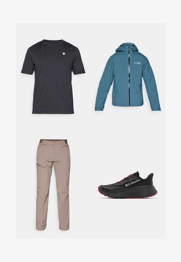 Lehká, voděodolná modrá bunda s kapucí, předním zipem a nastavitelnými manžetami. Obsahuje logo na hrudi a boční kapsy.; Tričko s krátkým rukávem a kulatým výstřihem v tmavě šedé barvě, vyrobené z měkké bavlny, s malým bílým logem na levé hrudi. Jednoduchý design, bez vzorů.; Salomon WAYFARER PANTS - Outdoorové kalhoty - iron; Černá sportovní bota s texturovaným svrškem, červenými tkaničkami a logem. Silná podrážka s vzorovaným dezénem pro lepší trakci. Minimalistický design, boční pohled.