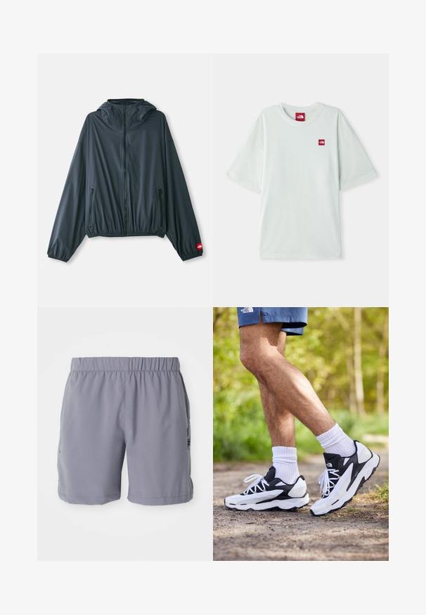 Lengvas, su gobtuvu, tamsiai pilkos spalvos švarkas. Yra užtrauktuko priekis, elastingas apatinis kraštas ir dvi užtrauktuku uždaromos šoninės kišenės. Raudona logotipo detalė ant rankovės.; Šviesiai žalia trumpomis rankovėmis marškinėliai, pagaminti iš minkštos medvilnės, su maža raudona logotipo etikete kairėje krūtinės pusėje. Laisvas kirpimas ir apvalus iškirpimas.; Pilkos sportinės šortai su elastinga juosta, turi šonines kišenes ir sklandžią, lengvą medžiagą. Tinka sportui ir kasdienei aprangai.; Juodos ir baltos sportinės bateliai su tinkline viršutine dalimi, tekstūriniais akcentais ir baltomis raištelėmis. Dėvimi su baltomis kulkšnies kojinėmis ir tamsiai mėlynomis šortais takelyje.