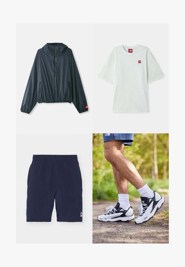 Lahka, kapuco imata jakno v temno sivi tkanini. Ima zadrgo spredaj, elastičen rob in dve zadrgi na bočnih žepih. Rdeč logotip na rokavu.; Svetlozeleni kratkotrajni majica z izvlečenimi rukavi, izdelana iz mehke bombažne tkanine, z majhno rdečo oznako na levem prsnem delu. Ohlapen kroj in okrogla izrez.; Mornarsko modri športni šortki, izdelani iz zračnega materiala, z elastičnim pasom in majhno oznako logotipa na spodnjem levem robu.; Črne in bele športne čevlje z mrežnim zgornjim delom, teksturiranimi poudarki in belimi vezalkami. Nosi se z belimi nogavicami do gležnjev in mornarskimi kratkimi hlačami na poti.