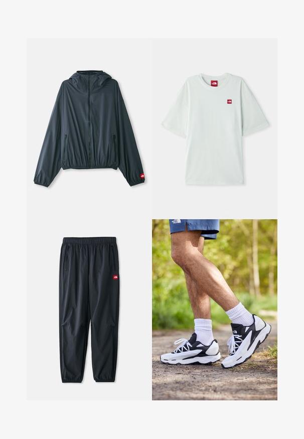 Lightweight, hooded jacket in dark gray fabric. Features a zip front, elastic hem, and two zippered side pockets. Red logo accent on sleeve.; Light green short-sleeve t-shirt made of soft cotton, featuring a small red logo tag on the left chest area. Relaxed fit and round neckline.; Black lightweight pants made of synthetic material, featuring an elastic waistband, zippered side pockets, and a small red logo patch.; Black and white athletic shoes with mesh upper, textured accents, and white laces. Worn with white ankle socks and navy shorts on a path.