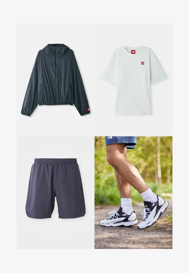 Ľahká, kapucňová bunda z tmavošedej tkaniny. Obsahuje zips na prednej strane, elastický spodný lem a dve bočné vrecká na zips. Červený logový akcent na rukáve.; Svetlozelené tričko s krátkymi rukávmi vyrobené z mäkkého bavlneného materiálu, so malou červenou logovou nášivkou na ľavej strane hrude. Vo voľnom strihu a s okrúhlym výstrihom.; Tmavo šedé športové šortky s elastickým pásom, bočnými vreckami a malou nášivkou loga na spodnom pravom stehne.; Čierne a biele športové topánky s sieťovinovým zvrškom, textúrovanými akcentmi a bielymi šnúrkami. Nosené s bielymi ponožkami po členky a tmavomodrými šortkami na chodníku.