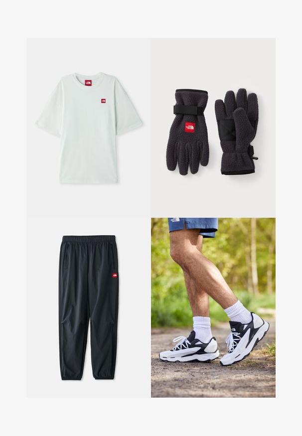 Lichte, gevoerde jas met capuchon in donkergrijze stof. Heeft een rits aan de voorkant, een elastische zoom en twee ritszakken aan de zijkant. Rode logo-accent op de mouw.; Lichtgroene T-shirt met korte mouwen van zachte katoen, voorzien van een klein rood logo label op de linker borst. Ontspannen pasvorm en ronde halslijn.; Zwarte lichtgewicht broek van synthetisch materiaal, met een elastische tailleband, ritszakken aan de zijkanten en een klein rood logo-opdruk.; Zwart-witte sportschoenen met een mesh bovenkant, tekstuuraccenten en witte veters. Draag gedragen met witte enkelsokken en marineblauwe shorts op een pad.; Fleece handschoenen in donkergrijs met een gestructureerde afwerking. Beschikt over verstelbare riemen en een zwarte versterkte palm. Merklogo in het rood.