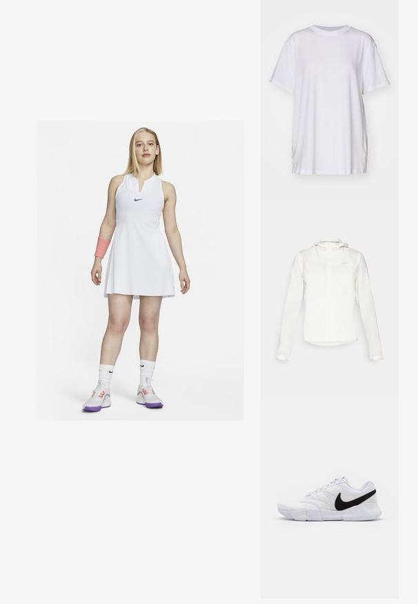 Bílá bunda Nike s kapucí, plným zipem, elastickými manžetami a decentním logem na hrudi. Hladká textura a lehký design.; Bílý tenisový šat s bezramínkovým designem a límečkem, na kterém je černé logo Nike. Nosit s růžovým zápěstním pásem a bílými botami s fialovými akcenty.; Bílé oversized tričko vyrobené z bavlny, s kulatým výstřihem, krátkými rukávy a bočními rozparky pro uvolněný střih. Hladká textura.; Bílé sportovní boty s vrchním dílem z texturované kůže, černým logem swoosh a polstrovaným límcem. Vybaveny gumovou podešví pro lepší přilnavost.