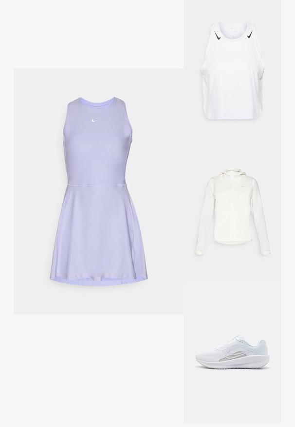 Fehér Nike dzseki kapucnival, teljes cipzárral, rugalmas mandzsettákkal és egy diszkrét logóval a mellkason. Sima textúrájú és könnyű kialakítású.; Világoslila sportos ruha rugalmas anyagból. Fitted felsőrésszel, bővülő szoknyával és kis fehér logóval a mellrészen.; Fehér ujjatlan trikó, könnyű anyagból készült, fekete Nike logóval a vállaknál, kerek nyakkivágással és laza fazonnal.; Fehér sportcipő hálós felsőrésze, kerek orra és textúrált talpa van. Ezüst Nike logóval és minimalista dizájnnal rendelkezik.