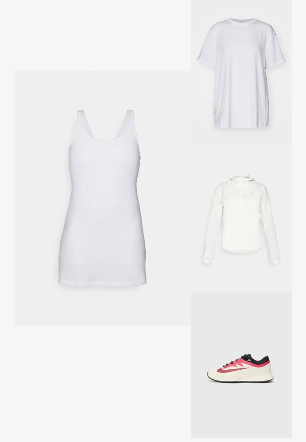 Valkoinen Nike-takki hupulla, täyspitkällä vetoketjulla, joustavilla hihansuilla ja hillityllä logolla rinnassa. Sujuva pinta ja kevyt muotoilu.; Valkoinen hihaton toppi, joka on valmistettu sileästä, joustavasta kankaasta. Siinä on pyöreä kaula-aukko ja yksinkertainen, slim fit -tyylinen muotoilu.; Valkoinen ylisuuri t-paita, joka on valmistettu puuvillasta. Paitassa on pyöreä kaula-aukko, lyhyet hihat ja sivuhalkiot, jotka tarjoavat rentoa istuvuutta. Silkkinen rakenne.; Juoksukengät, joissa on kermaiset yläosat, punaiset ja mustat korostukset sekä tekstuuri. Varustettu mustilla nauhoilla ja pehmeällä pohjalla mukavuutta varten.