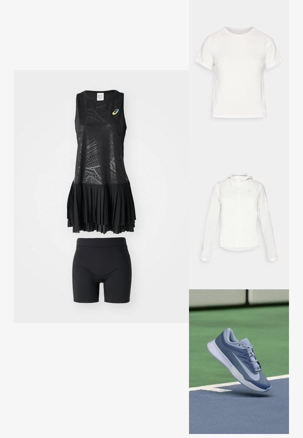 Bijela Nike jakna s kapuljačom, punim zatvaračem, elastičnim manžetama i suptilnim logotipom na prsima. Glatka textura i lagan dizajn.; ASICS MATCH CAPSULE DRESS SET - Sportska haljina - performance black; Lagani bijeli T-shirt s kratkim rukavima, okruglim izrezom i malim logotipom u gornjem lijevom kutu. Glatka tkanina s suptilnim sjajem.; Sportske tenisice u svijetloplavoj i tamnoplavoj boji, s teksturiranim gornjim dijelom, ravnim vezicama i laganim bijelim potplatom. Iznad su povišene u odnosu na teren.