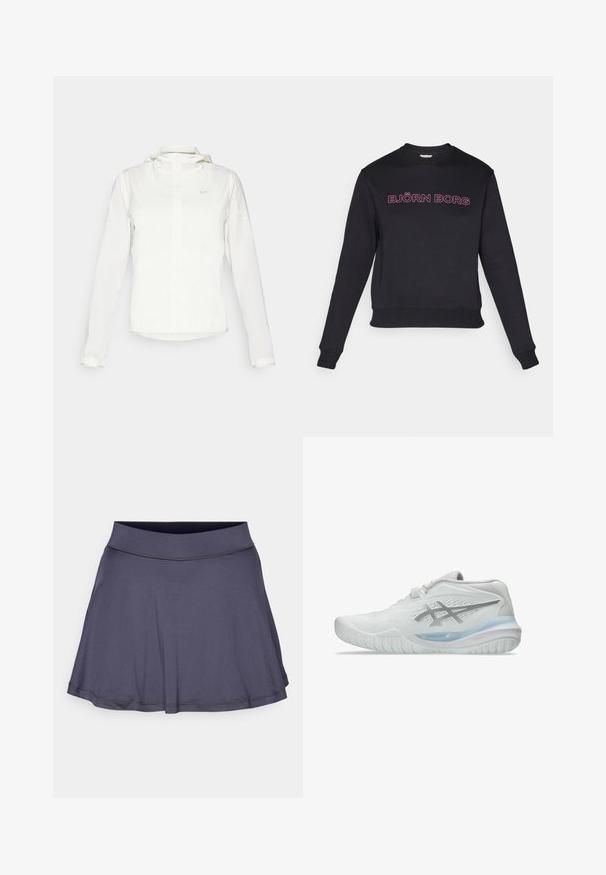 Balta Nike striukė su gobtuvu, pilnu užtrauktuku, elastingomis rankovėmis ir subtiliu logotipu ant krūtinės. Sklandi tekstūra ir lengvas dizainas.; Juodas džemperis su ilgomis rankovėmis, apvaliu kaklu ir priglundančia juosmens linija. Krūtinėje yra rožinė užrašą "BJÖRN BORG". Minkšta audinio struktūra.; Lengvas, tamsiai pilkas šortų sijonas su išplėstu apvadu, elastine juosmens juosta ir lygiu paviršiumi. Nėra matomų raštų ar akcentų.; Balti sportiniai batai su tekstūruotu paviršiumi, turintys permatomą mėlyną padą ir subtilų pilką ženklą šone. Suapvalintas pirštas ir žemas profilis.