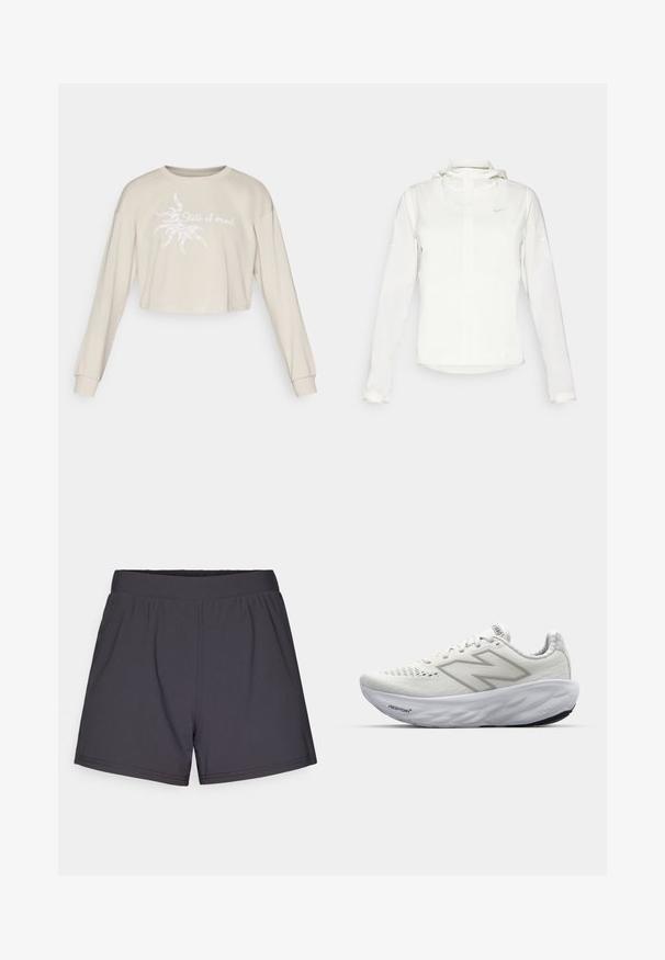 Balta Nike striukė su gobtuvu, pilnu užtrauktuku, elastingomis rankovėmis ir subtiliu logotipu ant krūtinės. Sklandi tekstūra ir lengvas dizainas.; Bežinė trumpa džemperio su ilgomis rankovėmis, ant kurios priekyje yra balta saulės iliustracija ir užrašas "Būsenos mintis".; Juodi sportiniai šortai, pagaminti iš lengvos, elastingos medžiagos. Dėl elastingos juostos ir paprasto, nepuošto dizaino.; Baliniai sportiniai bateliai su tinklinio viršumi, turintys paminkštintą apykaklę, tekstūruotą padas ir "Fresh Foam" prekės ženklo logotipą ant vidurio pado.