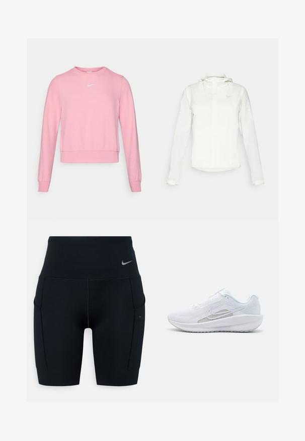 Chaqueta blanca de Nike con capucha, cremallera completa, puños elásticos y un logo sutil en el pecho. Textura suave y diseño ligero.; Sudadera rosa hecha de una tela suave, con cuello redondo, mangas largas y un pequeño logo blanco en el pecho. El dobladillo es ligeramente corto.; Shorts deportivos negros de talle alto hechos de material elástico; cuentan con bolsillos laterales y un pequeño logotipo de Nike en la cinturilla.; Zapatilla deportiva blanca con parte superior de malla, punta redondeada y suela texturizada. Presenta un swoosh de Nike plateado y un diseño minimalista.