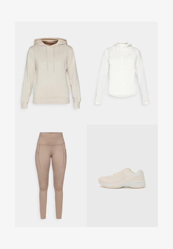 Valge Nike jakker, millel on kapuuts, täispikk tõmblukk, elastsed mansetid ja diskreetne logo rinnal. Sile tekstuur ja kerge disain.; Beez värvi kapuutsiga särk, mis on valmistatud pehmest kangast, esiosas on känguru tasku, reguleeritavad nöörid ja tagasihoidlik roosa logo kujundus rinnal.; Beige sportlikud legginsid kõrge vöökohaga, millel on kaks külgtaskut ja sile, veniv kangas. Diskreetne hall logo detail.; Heledbeezı spordijalatsid tekstuurse pealmise osaga, kontrastsete valgete aktsentidega, ümarate varvaste ja painduva kummitaldiga.