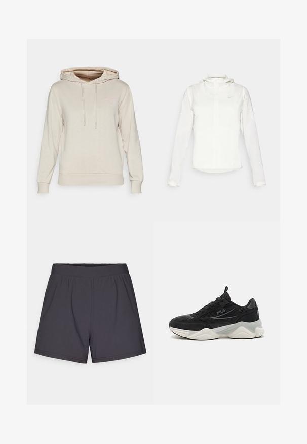 Witte Nike-jack met een capuchon, volledige rits, elastische manchetten en een subtiele logo op de borst. Gladde textuur en lichtgewicht ontwerp.; Beige hoodie van zacht materiaal, met een voorste kangaroo-pocket, verstelbare trekkoorden en een subtiele roze logo-ontwerp op de borst.; Zwarte sportieve shorts van een lichtgewicht, rekbaar materiaal. Voorzien van een elastische tailleband en een eenvoudig, onversierd ontwerp.; Zwarte sneakers van mesh en suede, met een dikke zool, ronde vorm, subtiele grijze accenten en een merklogo aan de zijkant.