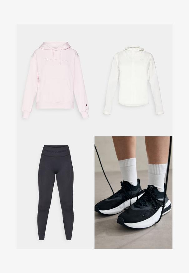 Hvit Nike-jakke med hette, hel glidelås, elastiske mansjetter og en diskret logo på brystet. Glatt tekstur og lett design.; Rosa hettegenser laget av mykt stoff med kengurulomme. Har et brodert "Champion"-logo og ribbede mansjetter for en tettsittende passform.; Sorte tights med høy elastisk liv med teksten "UNDER ARMOUR". Glatt tekstur med subtile mønsteraccents langs beina.; Svarte treningssko med teksturert stoff, hvit såle og svarte snøringer. Brukt med hvite ribbestrikkede sokker, stående på en lys overflate.