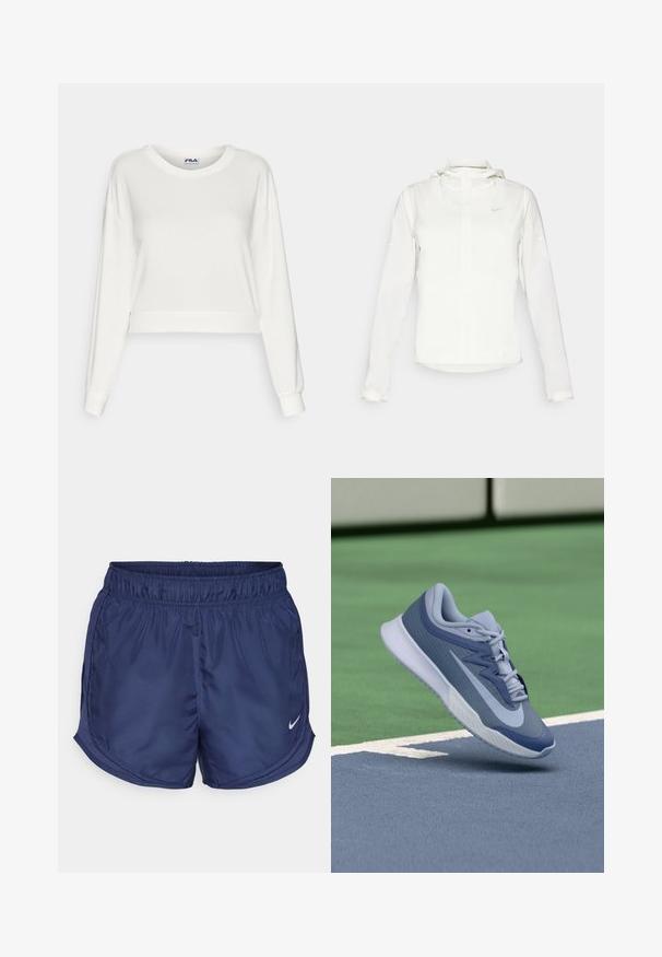 White Nike jacket with a hood, full zip, elastic cuffs, and a subtle logo on the chest. Smooth texture and lightweight design.; White cropped sweatshirt made of soft fabric, featuring long sleeves, a round neck, and ribbed cuffs. Fila logo on the neckline.; Navy athletic shorts with an elastic waistband and side mesh panels. Features a small white Nike logo on the lower left side.; Sport sneaker in light blue and navy, featuring a textured upper, flat laces, and a lightweight white sole. Elevated above a court surface.