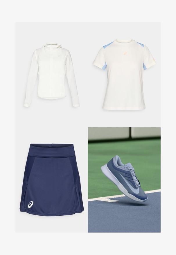 Vit Nike-jacka med huva, hel dragkedja, elastiska ärmslutar och en diskret logotyp på bröstet. Slät textur och lätt design.; Lättviktig t-shirt med kort ärm i krämfärg med blå axelpaneler. Har en orange logotyp på bröstet och kontrasterande sömnadsdetaljer.; Marinblå tenniskjol i polyesterblandning, med en mjuk midja, plisserad design och vitt logotyp på nedre vänstra sidan.; Sportssko i ljusblått och marinblått, med en texturerad överdel, platta snören och en lätt vit sula. Höjd över en spelplan.