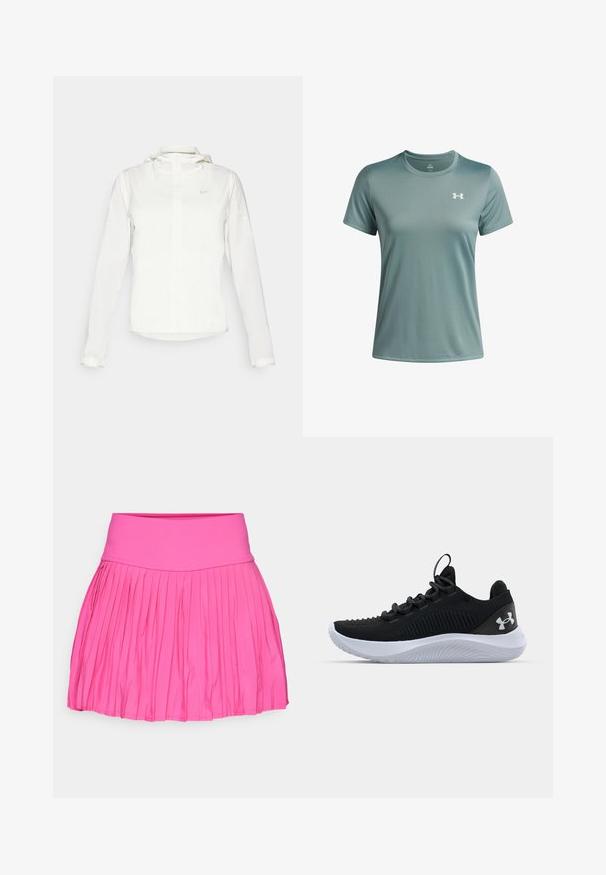 Balta Nike striukė su gobtuvu, pilnu užtrauktuku, elastingomis rankovėmis ir subtiliu logotipu ant krūtinės. Sklandi tekstūra ir lengvas dizainas.; Šviesiai žalia trumpomis rankovėmis marškinėliai, pagaminti iš lygaus, pralaidaus audinio. Sukurti su apvaliu kaklu ir mažu baltu logotipu kairėje krūtinės pusėje.; Rožinis klostuotas sijonas su plačia juosta, pagamintas iš tamprių medžiagų. Yra vertikalūs klostes, besitęsiančios iki apatinės krašto.; Juodi sportiniai batai su kvėpuojančia tinkline viršutine dalimi, tekstūruotais akcentais ir balto gumos padu. Yra lygios raišteliai ir užkulnio kilpa.