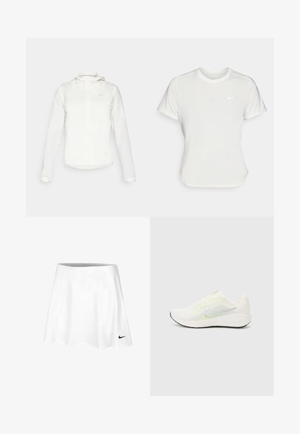 Witte Nike-jack met een capuchon, volledige rits, elastische manchetten en een subtiele logo op de borst. Gladde textuur en lichtgewicht ontwerp.; Nike T-shirt in het wit, korte mouwen, ronde halslijn, gemaakt van een gladde, lichte stof. Bevat een subtiele logo op de borst.; Witte tennisrok van lichtgewicht stof, met een uitlopende design en een elastische tailleband. Een klein zwart Nike-logo bevindt zich aan de zoom.; Nike Performance DOWNSHIFTER 13 - Hardloopschoenen voor op de weg - sail/silver-coloured photon dust/summit white/barely volt/black