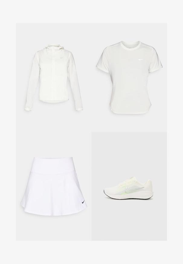 Casaco branco da Nike com capuz, fecho completo, punhos elásticos e um logótipo subtil no peito. Textura suave e design leve.; T-shirt da Nike em branco, mangas curtas, decote redondo, feito de um tecido liso e leve. Apresenta um logo discreto no peito.; Saia atlética branca, feita de um tecido leve, com um design reto e um logo da Nike preto no canto inferior direito. Textura suave.; Nike Performance DOWNSHIFTER 13 - Sapatos para corrida em estrada - sail/silver-coloured photon dust/summit white/barely volt/black
