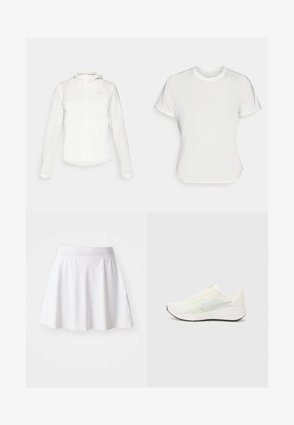 Witte Nike-jack met een capuchon, volledige rits, elastische manchetten en een subtiele logo op de borst. Gladde textuur en lichtgewicht ontwerp.; Nike T-shirt in het wit, korte mouwen, ronde halslijn, gemaakt van een gladde, lichte stof. Bevat een subtiele logo op de borst.; Witte uitlopende rok gemaakt van zachte stof, met een elastische tailleband en een gladde textuur. Minimalistisch ontwerp zonder patronen of accenten.; Nike Performance DOWNSHIFTER 13 - Hardloopschoenen voor op de weg - sail/silver-coloured photon dust/summit white/barely volt/black