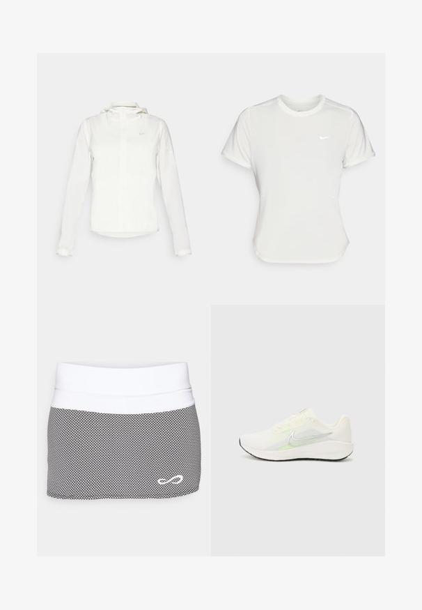 Casaco branco da Nike com capuz, fecho completo, punhos elásticos e um logótipo subtil no peito. Textura suave e design leve.; T-shirt da Nike em branco, mangas curtas, decote redondo, feito de um tecido liso e leve. Apresenta um logo discreto no peito.; Endless SKIRT RACE - Saia desportiva - grey; Nike Performance DOWNSHIFTER 13 - Sapatos para corrida em estrada - sail/silver-coloured photon dust/summit white/barely volt/black