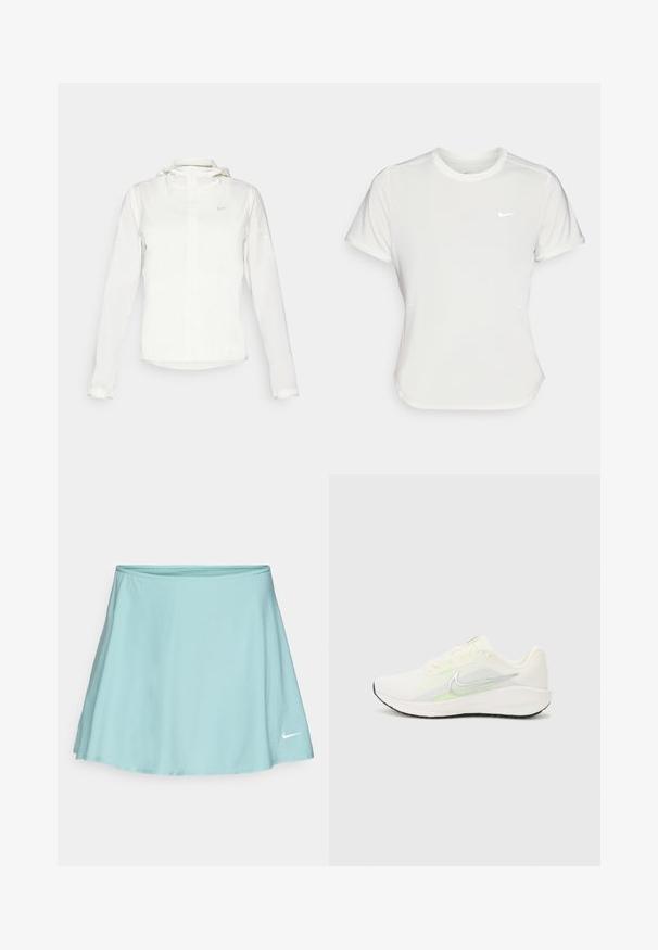 Bílá bunda Nike s kapucí, plným zipem, elastickými manžetami a decentním logem na hrudi. Hladká textura a lehký design.; Bílá Nike tričko s krátkými rukávy, kulatým výstřihem, vyrobené z hladké, lehké tkaniny. Obsahuje decentní logo na hrudi.; Světle modrá sportovní sukně s rozšířeným designem, vyrobená z měkké látky. Na dolním pravém lemu se nachází bílé logo Nike.; Nike Performance DOWNSHIFTER 13 - Silniční běžecké boty - sail/silver-coloured photon dust/summit white/barely volt/black