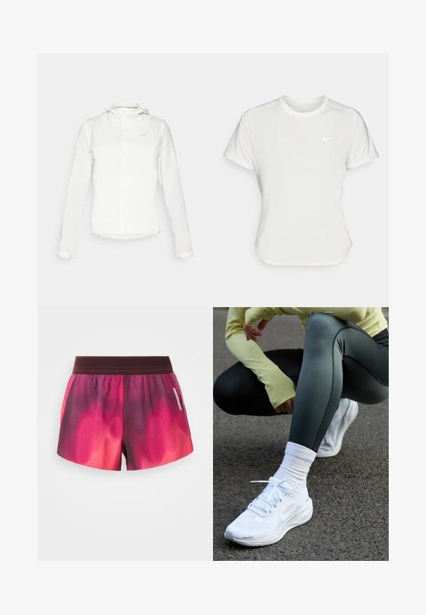 Veste blanche Nike avec capuche, fermeture éclair intégrale, poignets élastiques et un logo discret sur la poitrine. Texture lisse et design léger.; T-shirt Nike en blanc, à manches courtes, col rond, fabriqué dans un tissu lisse et léger. Présente un logo discret sur la poitrine.; Shorts de sport dégradés rose et violet avec une taille élastique, texture lisse et une étiquette sur le côté. Les shorts ont une coupe décontractée.; Des chaussures de sport blanches avec une tige en mesh, des lacets plats et une semelle rembourrée, associées à des leggings vert foncé et un haut à manches longues jaune clair.